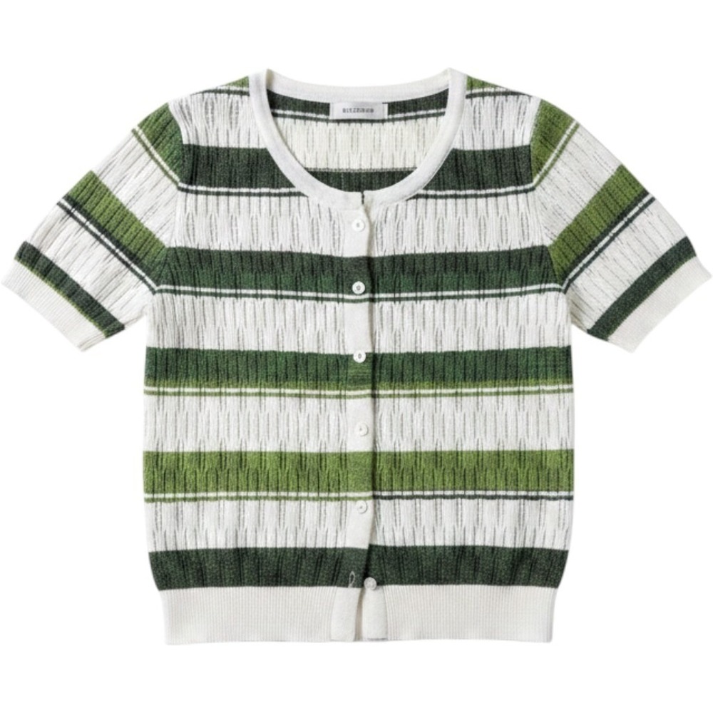 Cardigan Womens S Green Striped Short Sleeve Lightweight Button Knit Summer